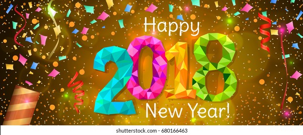 Happy New Year 2018 greeting horizontal banner. Festive illustration with colorful confetti, party popper and sparkles. Vector