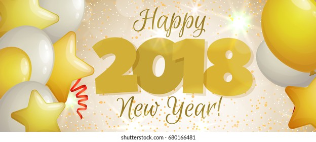 Happy New Year 2018 greeting horizontal banner. Festive illustration with colorful confetti, party popper and sparkles. Vector