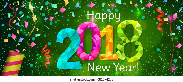 Happy New Year 2018 greeting horizontal banner. Festive illustration with colorful confetti, party popper and sparkles. Vector