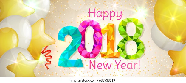 Happy New Year 2018 greeting vertical banner. Festive illustration with colorful confetti, party popper and sparkles. Vector
