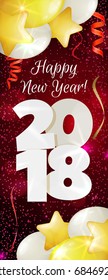 Happy New Year 2018 greeting vertical banner. Festive illustration with colorful confetti, party popper and sparkles. Vector