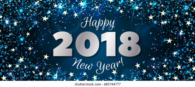 Happy New Year 2018 greeting horizontal banner. Festive illustration with colorful confetti, party popper and sparkles. Vector