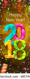 Happy New Year 2018 greeting vertical banner. Festive illustration with colorful confetti, party popper and sparkles. Vector