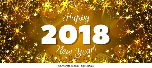 Happy New Year 2018 greeting horizontal banner. Festive illustration with colorful confetti, party popper and sparkles. Vector