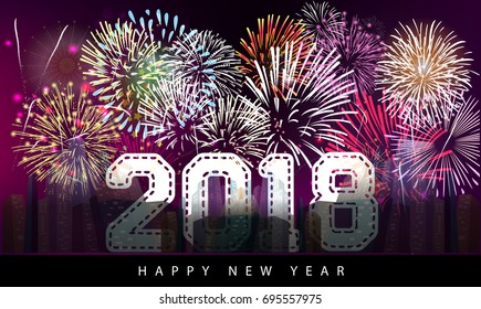 Happy new year 2018 greeting card and fireworks background