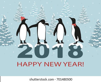 Happy New Year 2018 greeting card design with cute penguins. Vector illustration. 
