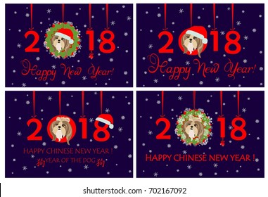 Happy New Year 2018 greeting banners with hanging xmas wreath, paper numbers and funny puppy