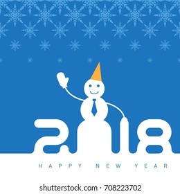 Happy new year 2018. Greeting card with happy snowman in mittens and a festive hat. Universal Vector background with snow flakes.