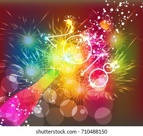 Happy new year 2018 greeting card or poster design with colorful triangle champagne explosion