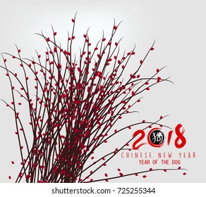 Happy new year 2018 greeting card, chinese new year of ther dog and blossom background
