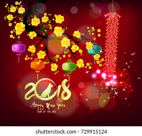 Happy new year 2018 greeting card and chinese new year of the dog and blossom background