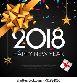 Happy New Year 2018 greeting card. Holiday flyer or poster gold luxury background for new year christmas celebration.