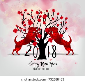 Happy new year 2018 greeting card and chinese new year of the dog, Cherry blossom background