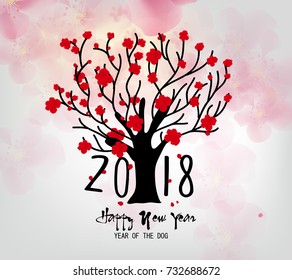Happy new year 2018 greeting card and chinese new year of the dog, Cherry blossom background