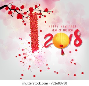 Happy new year 2018 greeting card and chinese new year of the dog, Cherry blossom background