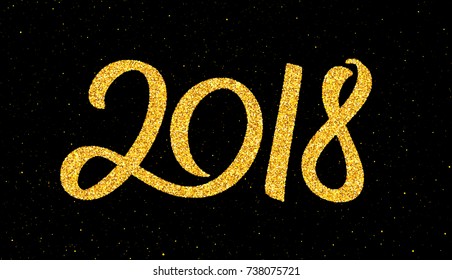 Happy New Year 2018 greeting card design template with gold text on black background. Calligraphy for chinese year of the dog. Vector illustration