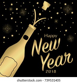 Happy New Year 2018 greeting card with gold bottle of champagne and golden decoration, snowflakes. Template for Christmas poster. Vector illustration.
