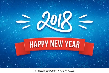 Happy New Year 2018 greeting card with paper cut digits on blue blurred background with bokeh lights from snow and 3d red ribbon. Vector illustration for chinese year of the dog.