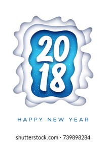 Happy New Year 2018 greeting card with white paper cut digits in frame over blue background. Vector carving art style illustration for invitation, calendar, banner template for chinese year of the dog
