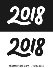 Happy New Year 2018 greeting card template. Calligraphic number 2018 with smooth contour on black and white backgrounds for Chinese Year of the Dog. Vector illustration.