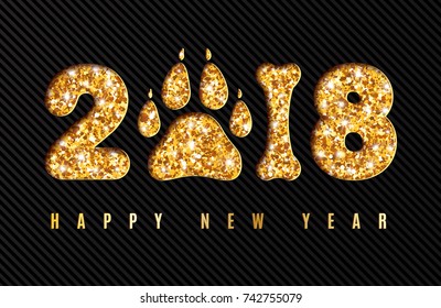 Happy New Year 2018 Greeting Card with shining gold numbers, dog paw print and bone on black stripe background. Vector template for Merry Christmas Design, Brochure Cover, Poster, Invitation