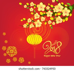 Happy new year 2018 greeting card and chinese new year of the dog, Cherry blossom background