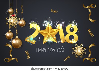 Happy New year 2018 greeting card background with gold star