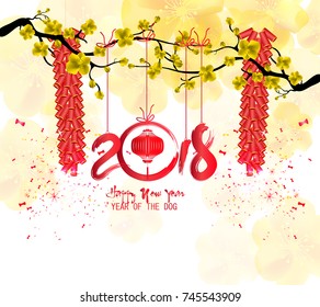 Happy new year 2018 greeting card and chinese new year of the dog, Cherry blossom background