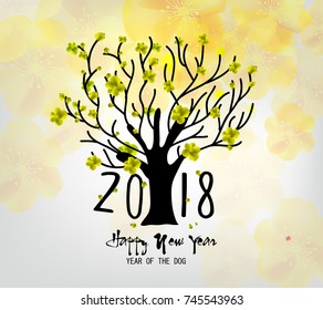 Happy new year 2018 greeting card and chinese new year of the dog, Cherry blossom background