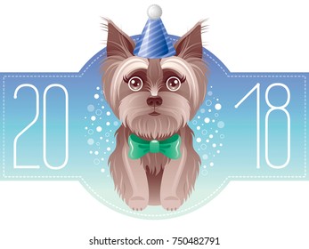 Happy New Year 2018 greeting card. Chinese new year Dog symbol, oriental holiday, isolated white background poster invitation design. Flat cartoon character icon, yorkshire terrier vector illustration