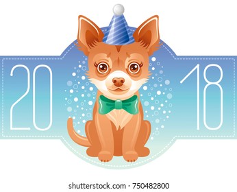 Happy New Year 2018 greeting card. Chinese new year Dog symbol, oriental holiday, isolated white background poster invitation design. Flat cartoon character icon, chihuahua vector illustration