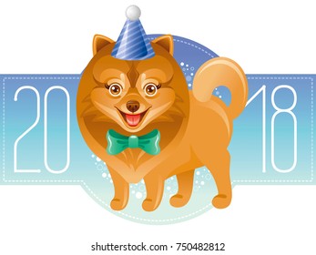 Happy New Year 2018 greeting card. Chinese new year Dog symbol, oriental holiday, isolated white background poster invitation design. Flat cartoon character icon, pomeranian vector illustration