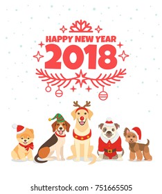 Feliz Año Nuevo 2018 tarjeta de felicitación. Imagen vectorial con deseos de un feliz Año Nuevo y grupo de perros lindos con disfraces navideños graciosos. Aislado sobre fondo de nieve blanca.