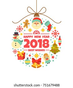 Happy New Year 2018 greeting card. Vector illustration with Christmas toy consisting of Christmas symbols and icons, including Santa, presents, snowman, gingerbread man and bells, isolated on white.