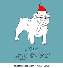 Happy New Year 2018 Greeting Card. White English Bulldog in Santa Claus Hat Sitting. Hand Drawn Sketch Vector Illustration. Calligraphic Lettering. Blue Background