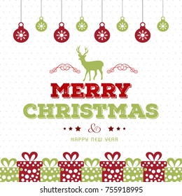 Happy New Year 2018 greeting card. Xmas holiday background, gift box with christmas balls