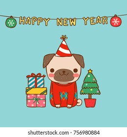 Happy new year 2018 greeting card. Dog chinese zodiac symbol of the year. Cute cartoon pug cerebrating. Flat design. Vector Illustration.