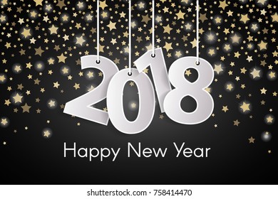 Happy New Year 2018 greeting card concept with paper cuted white numbers on golden star fall background. Vector illustration