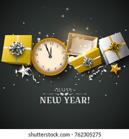 Happy New Year 2018 - greeting card with silver and gold gift boxes and clocks on dark background