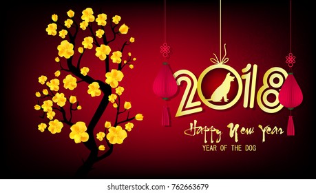 Happy new year 2018 greeting card and chinese new year of the dog