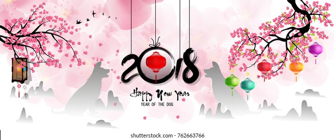 Happy new year 2018 greeting card and chinese new year of the dog