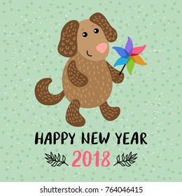 Happy New Year 2018 greeting card with cute Dog Chinese zodiac symbol of the year
