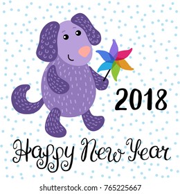 Happy New Year 2018 greeting card with cute Dog Chinese zodiac symbol of the year