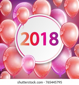 Happy New Year 2018 - greeting card with red and purple sparkling helium balloons. Paper circle for text. Xmas and new year design template