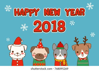 Happy new year 2018 greeting card. Dog chinese zodiac symbol of the year. Cute cartoon dogs in various winter costumes cerebrating with text. Flat design. Colored vector illustration.