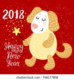 Happy New Year 2018 greeting card with cute magic Dog Chinese zodiac symbol of the year