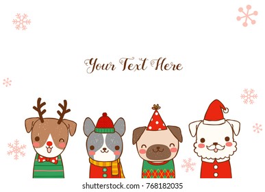 Happy new year 2018 greeting card. Dog chinese zodiac symbol of the year. Cute cartoon dogs in various winter costumes cerebrating. Isolated on white background. Flat design. Vector illustration.