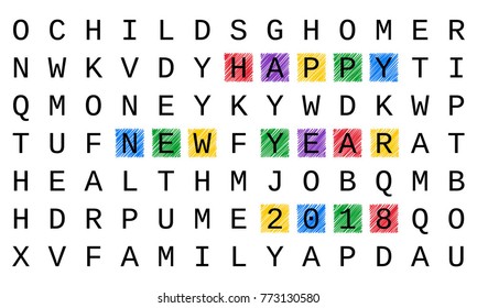 Happy New Year 2018 greeting card, crossword style