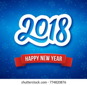 Happy New Year 2018 greeting card with paper cut digits on blue blurred background with bokeh lights from snow and 3d red ribbon. Vector illustration for chinese year of the dog.