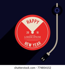 Happy New Year 2018 greeting card background, vinyl record flat design, vector illustration